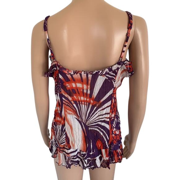 Y2K EURO Ruffle Crinkle Sheer Cami Top Abstract Boho Resort Coastal Indie - Picture 5 of 9